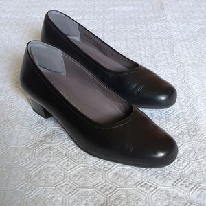 SAS Regina Black Leather Heels with Low Comfortable Heel